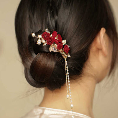 Foviel Retro Chinese Style Red Camellia Flower Tassel Side Hair Clip
