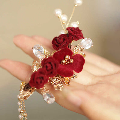 Foviel Retro Chinese Style Red Camellia Flower Tassel Side Hair Clip