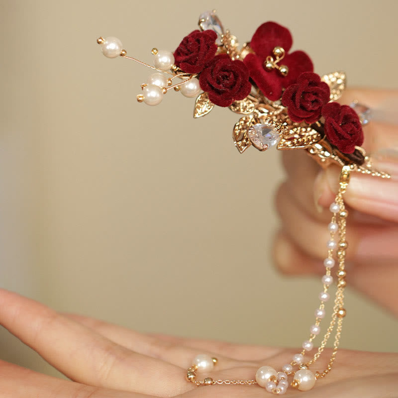 Foviel Retro Chinese Style Red Camellia Flower Tassel Side Hair Clip