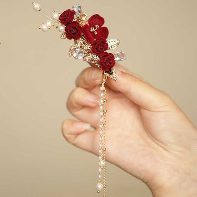 Foviel Retro Chinese Style Red Camellia Flower Tassel Side Hair Clip
