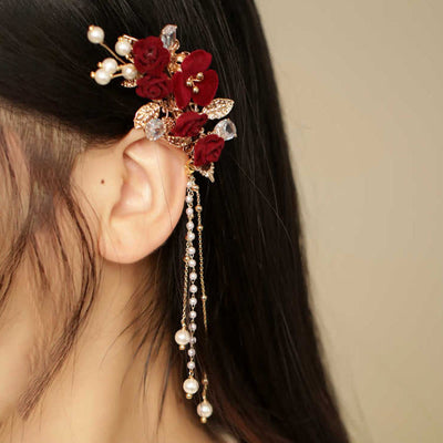 Foviel Retro Chinese Style Red Camellia Flower Tassel Side Hair Clip