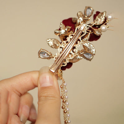 Foviel Retro Chinese Style Red Camellia Flower Tassel Side Hair Clip