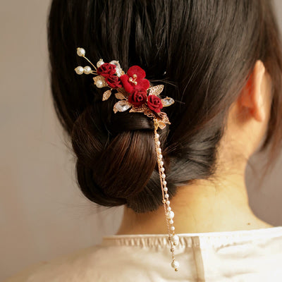 Foviel Retro Chinese Style Red Camellia Flower Tassel Side Hair Clip