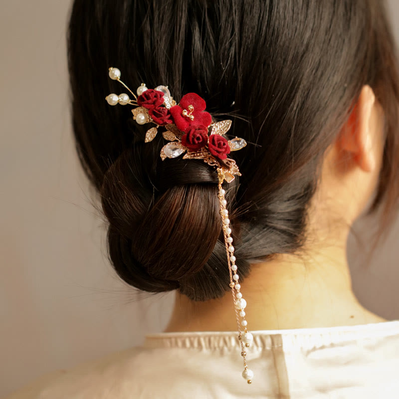 Foviel Retro Chinese Style Red Camellia Flower Tassel Side Hair Clip