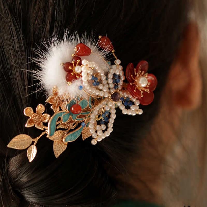 Pince à cheveux Foviel style chinois classique avec fleur rouge, papillon et perle