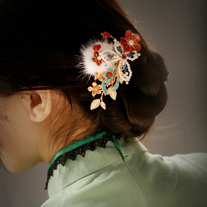 Pince à cheveux Foviel style chinois classique avec fleur rouge, papillon et perle