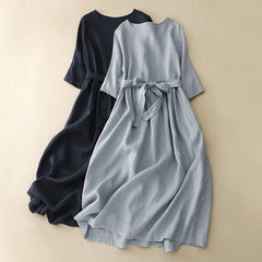 Foviel Casual Plain Crew Neck Lace-up Half Sleeve Midi Dress With Pockets