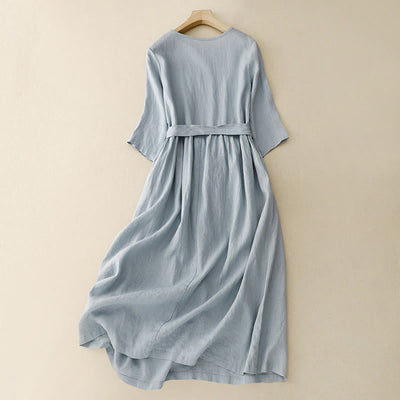 Foviel Casual Plain Crew Neck Lace-up Half Sleeve Midi Dress With Pockets