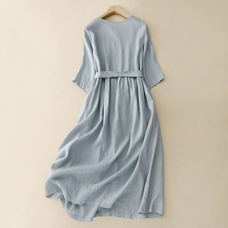 Foviel Casual Plain Crew Neck Lace-up Half Sleeve Midi Dress With Pockets