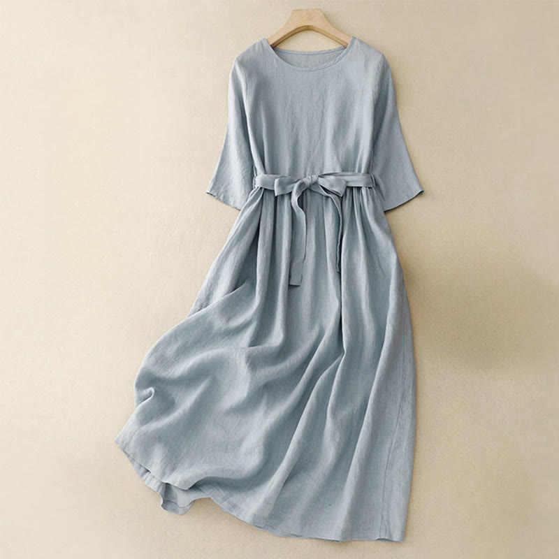 Foviel Casual Plain Crew Neck Lace-up Half Sleeve Midi Dress With Pockets