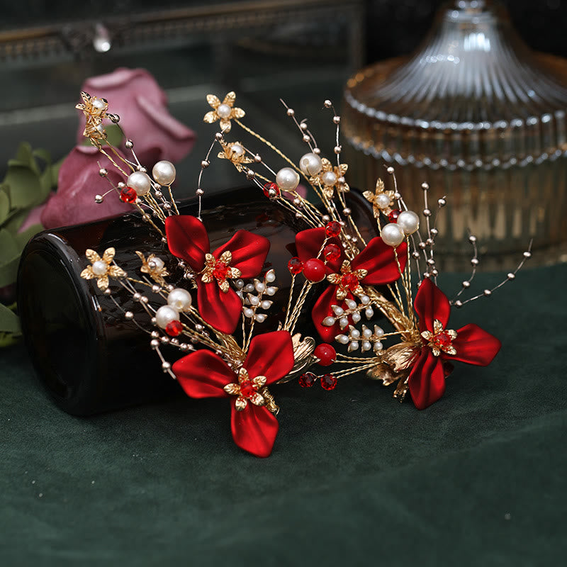 Foviel Chinese Wedding Bridal Red Flower Branche Pearl Hair Clip Set
