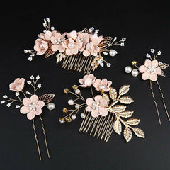 Ensemble de 4 peignes et épingles à cheveux de mariage Foviel faits main avec fleurs, feuilles dorées et perles