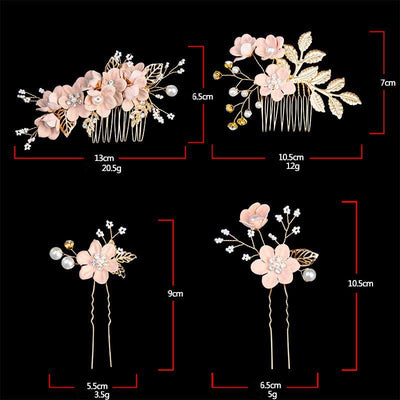 Ensemble de 4 peignes et épingles à cheveux de mariage Foviel faits main avec fleurs, feuilles dorées et perles