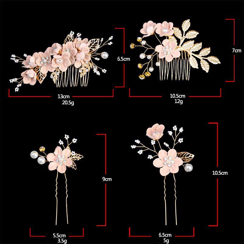 Ensemble de 4 peignes et épingles à cheveux de mariage Foviel faits main avec fleurs, feuilles dorées et perles