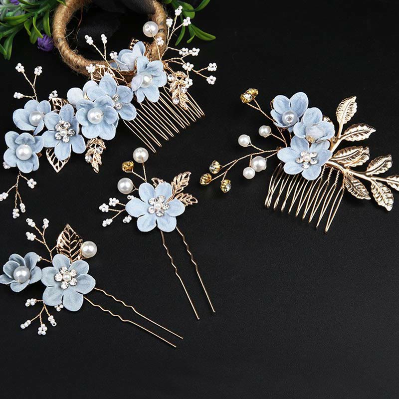 Ensemble de 4 peignes et épingles à cheveux de mariage Foviel faits main avec fleurs, feuilles dorées et perles
