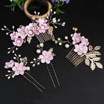 Ensemble de 4 peignes et épingles à cheveux de mariage Foviel faits main avec fleurs, feuilles dorées et perles