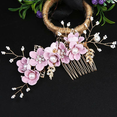 Ensemble de 4 peignes et épingles à cheveux de mariage Foviel faits main avec fleurs, feuilles dorées et perles