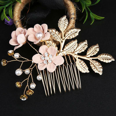 Ensemble de 4 peignes et épingles à cheveux de mariage Foviel faits main avec fleurs, feuilles dorées et perles
