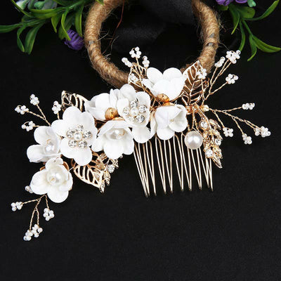 Ensemble de 4 peignes et épingles à cheveux de mariage Foviel faits main avec fleurs, feuilles dorées et perles