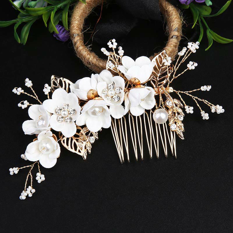 Ensemble de 4 peignes et épingles à cheveux de mariage Foviel faits main avec fleurs, feuilles dorées et perles