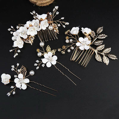 Ensemble de 4 peignes et épingles à cheveux de mariage Foviel faits main avec fleurs, feuilles dorées et perles
