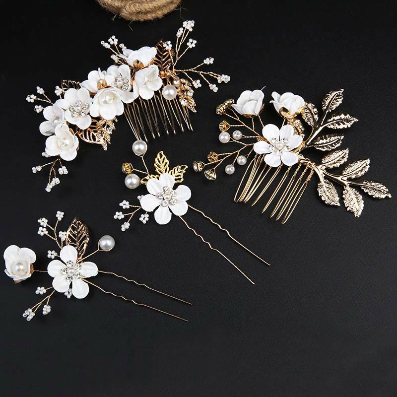 Ensemble de 4 peignes et épingles à cheveux de mariage Foviel faits main avec fleurs, feuilles dorées et perles