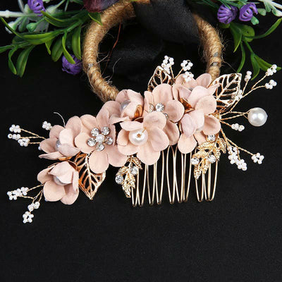 Ensemble de 4 peignes et épingles à cheveux de mariage Foviel faits main avec fleurs, feuilles dorées et perles