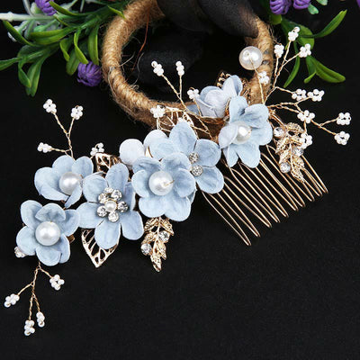 Ensemble de 4 peignes et épingles à cheveux de mariage Foviel faits main avec fleurs, feuilles dorées et perles