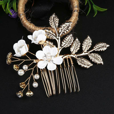 Ensemble de 4 peignes et épingles à cheveux de mariage Foviel faits main avec fleurs, feuilles dorées et perles