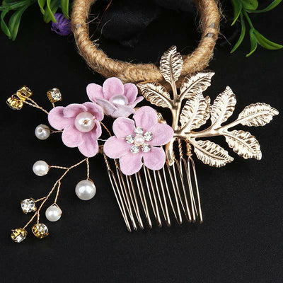 Ensemble de 4 peignes et épingles à cheveux de mariage Foviel faits main avec fleurs, feuilles dorées et perles