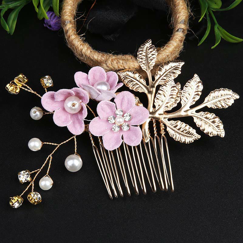 Ensemble de 4 peignes et épingles à cheveux de mariage Foviel faits main avec fleurs, feuilles dorées et perles