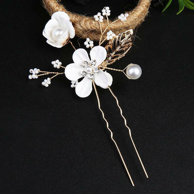 Ensemble de 4 peignes et épingles à cheveux de mariage Foviel faits main avec fleurs, feuilles dorées et perles