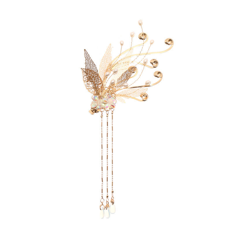 Pince à cheveux Foviel à motif de fleur et pompon dorés, style chinois traditionnel