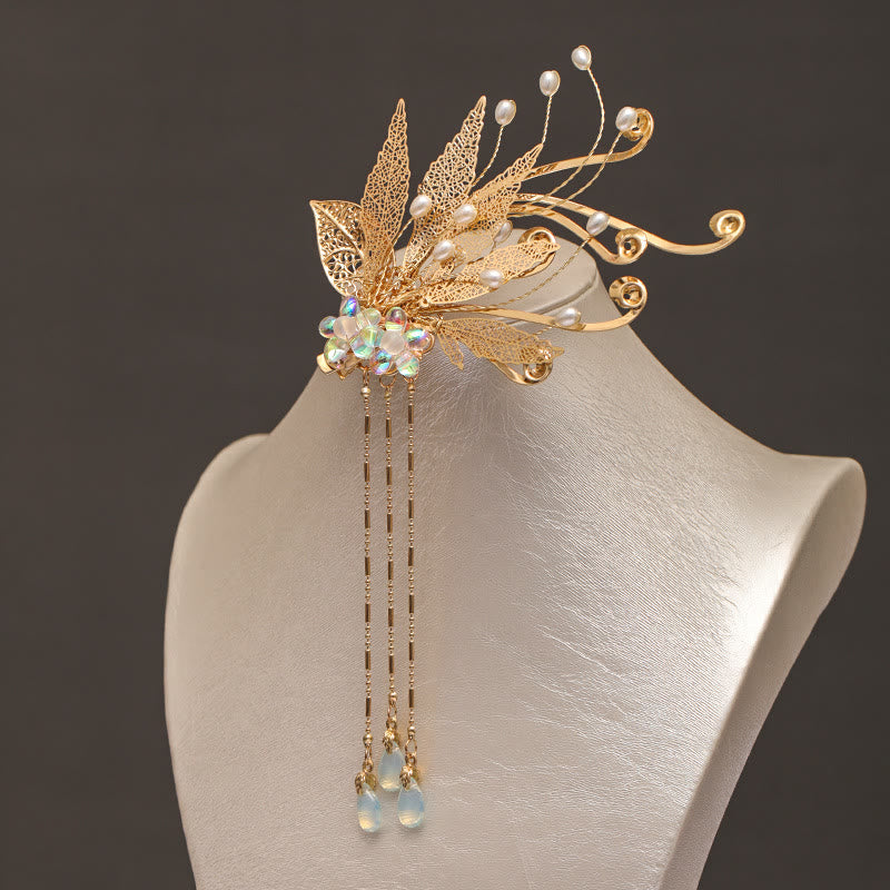 Pince à cheveux Foviel à motif de fleur et pompon dorés, style chinois traditionnel