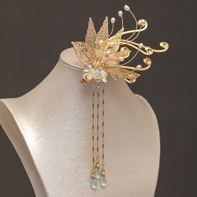 Pince à cheveux Foviel à motif de fleur et pompon dorés, style chinois traditionnel