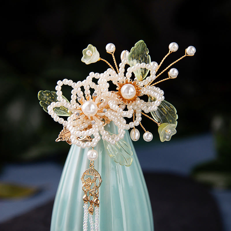 Pince à cheveux Foviel style rétro avec fleur, feuille et pompon