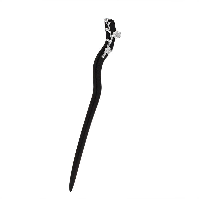 Foviel 925 Sterling Silber Klassische chinesische Stil Ebenholz Pflaumenblüten Segen Haarnadel