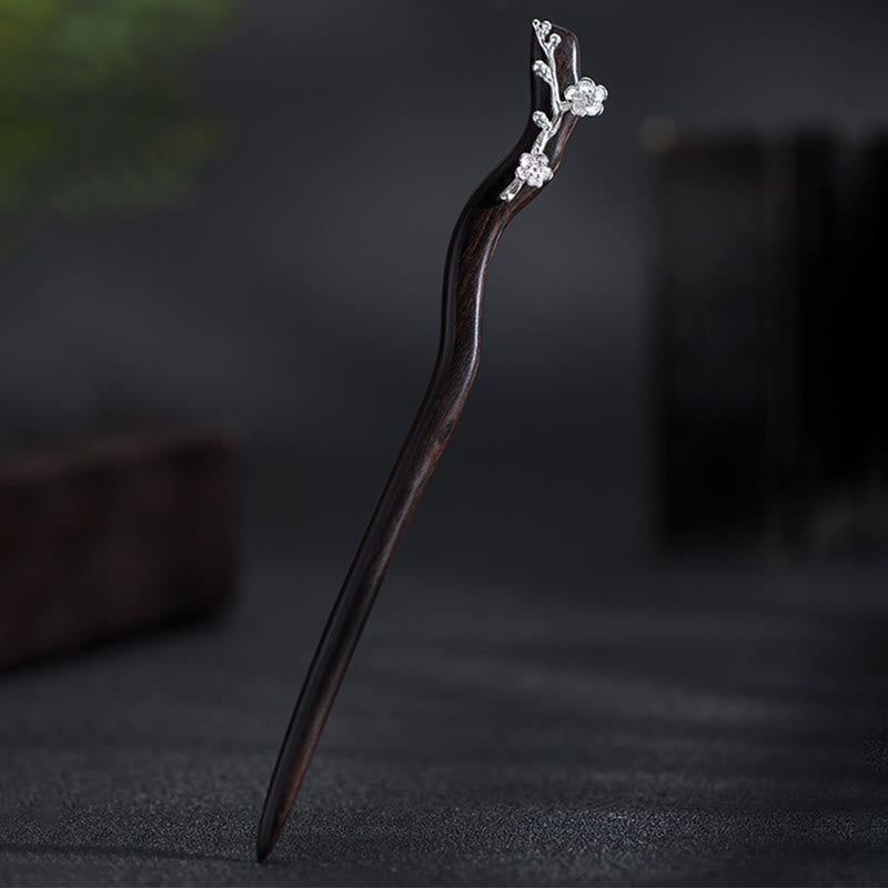 Foviel 925 Sterling Silber Klassische chinesische Stil Ebenholz Pflaumenblüten Segen Haarnadel