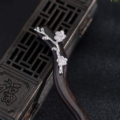 Foviel 925 Sterling Silber Klassische chinesische Stil Ebenholz Pflaumenblüten Segen Haarnadel