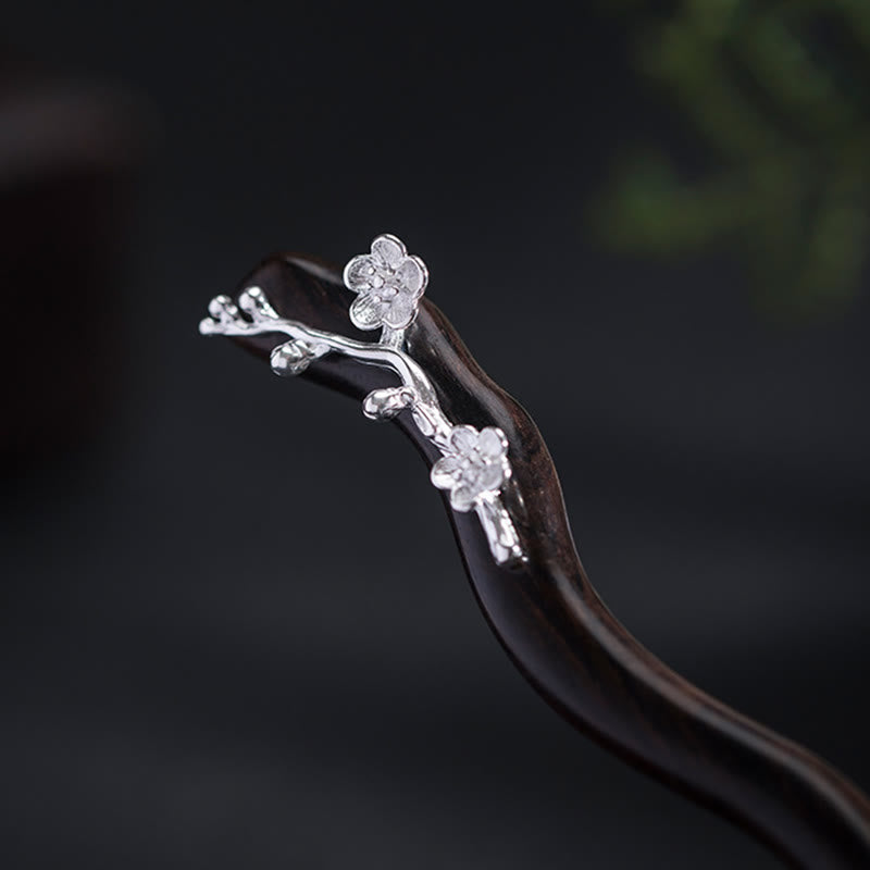 Foviel 925 Sterling Silber Klassische chinesische Stil Ebenholz Pflaumenblüten Segen Haarnadel