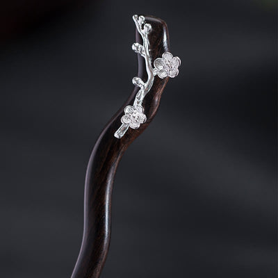 Foviel 925 Sterling Silber Klassische chinesische Stil Ebenholz Pflaumenblüten Segen Haarnadel