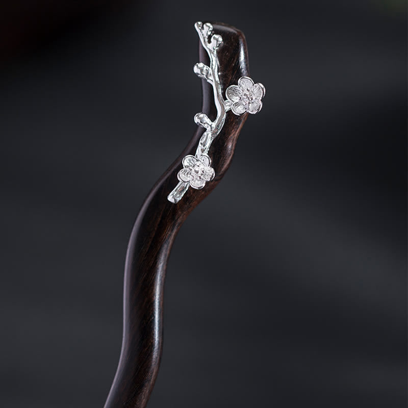 Foviel 925 Sterling Silber Klassische chinesische Stil Ebenholz Pflaumenblüten Segen Haarnadel