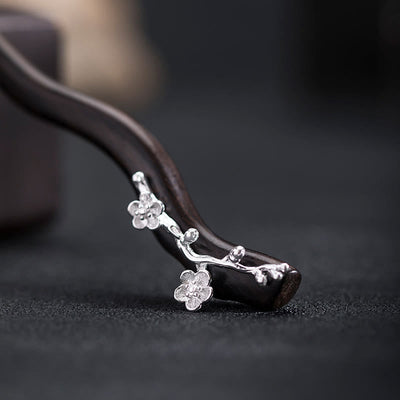 Foviel 925 Sterling Silber Klassische chinesische Stil Ebenholz Pflaumenblüten Segen Haarnadel