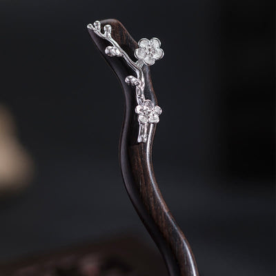 Foviel 925 Sterling Silber Klassische chinesische Stil Ebenholz Pflaumenblüten Segen Haarnadel