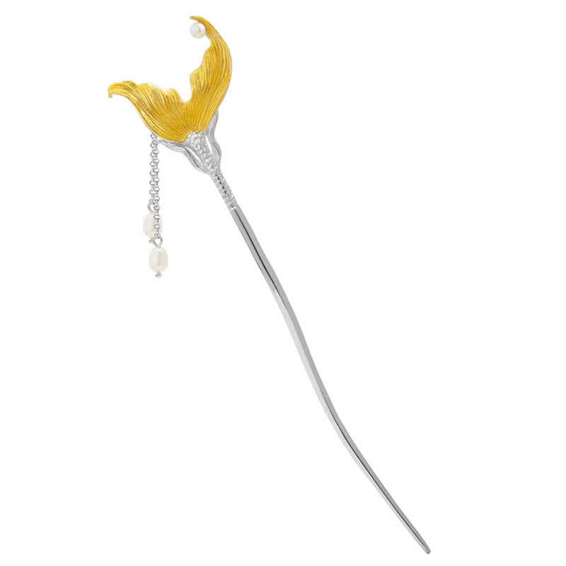Épingle à cheveux Foviel en argent sterling 925, style chinois classique, avec perle et pampille en forme de queue de poisson, modèle calme