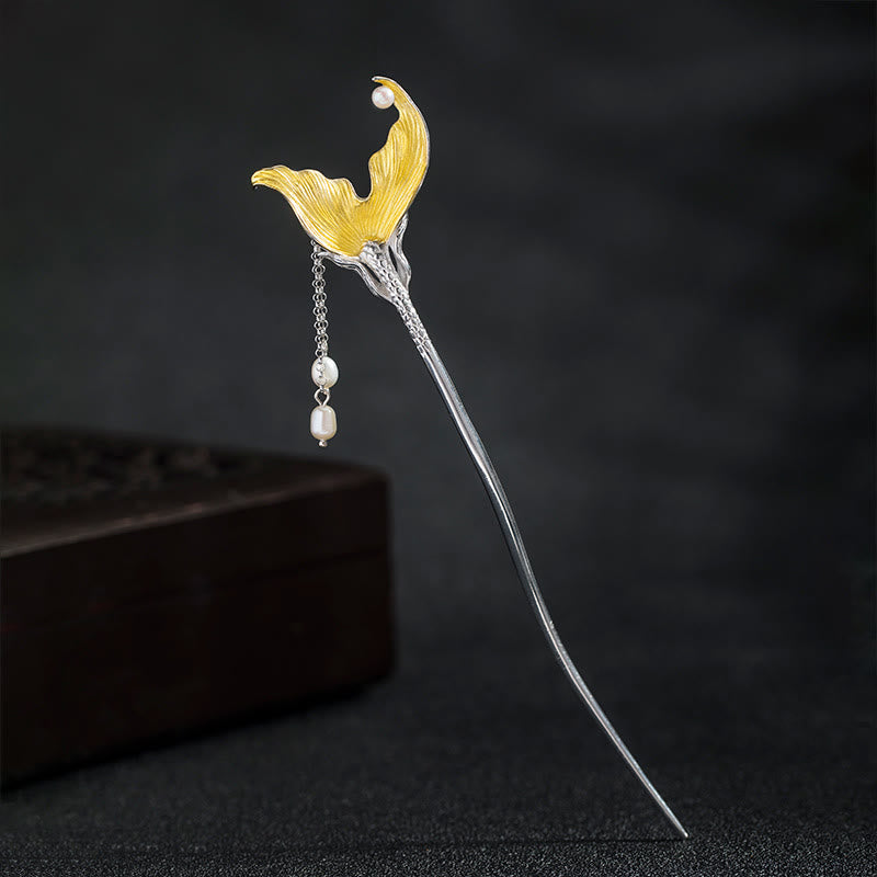 Foviel 925 Sterling Silver Classical Chinese Style Fish Tail Pearl Tassel Calm Hairpin