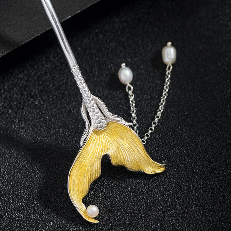 Foviel 925 Sterling Silver Classical Chinese Style Fish Tail Pearl Tassel Calm Hairpin