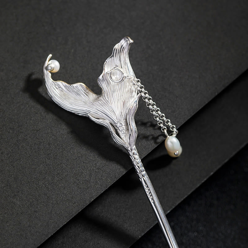 Foviel 925 Sterling Silver Classical Chinese Style Fish Tail Pearl Tassel Calm Hairpin