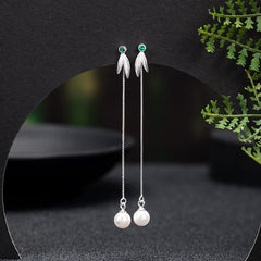 Boucles d'oreilles pendantes Foviel en argent sterling 925, perles de zircon et feuilles de bambou protectrices
