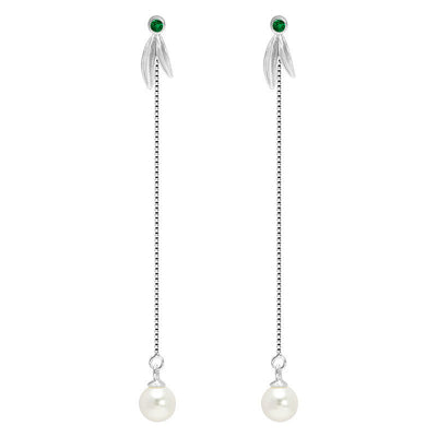 Boucles d'oreilles pendantes Foviel en argent sterling 925, perles de zircon et feuilles de bambou protectrices